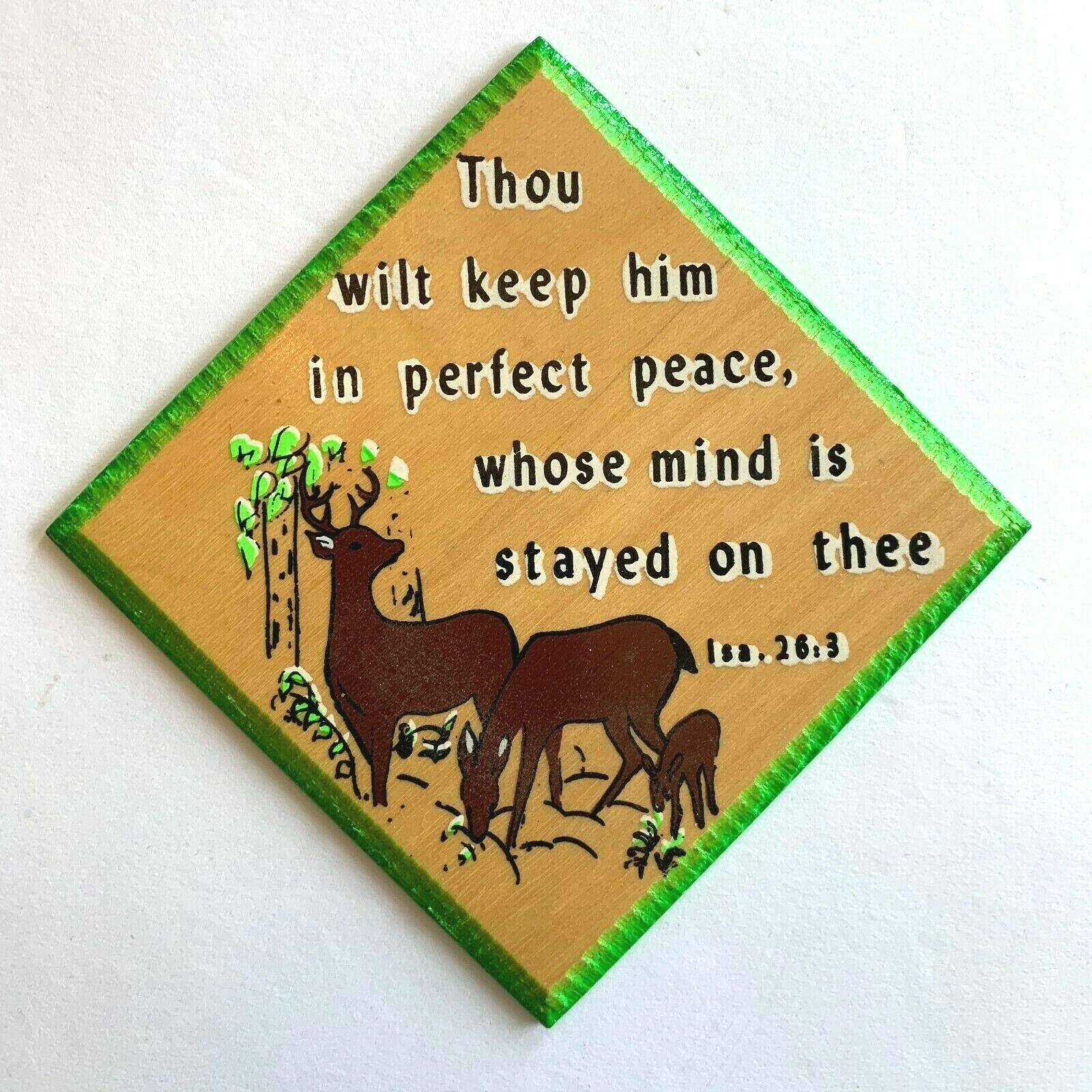 Religious Wood Plaque Silk Screened Vintage "isaiah 26:3" Deer In Forest