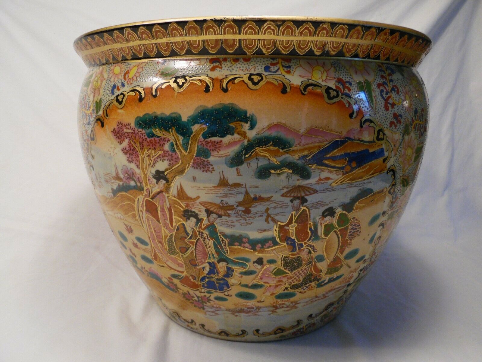 Large Chinese Asian Hand Painted Ladies Design Flower Pot Planter Textured