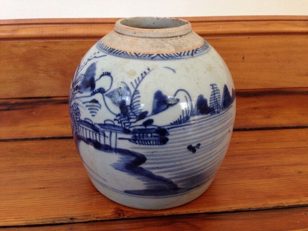 Vintage Antique Chinese Stoneware Qing Ming Blue White Ginger Jar Vase Pot 6"
