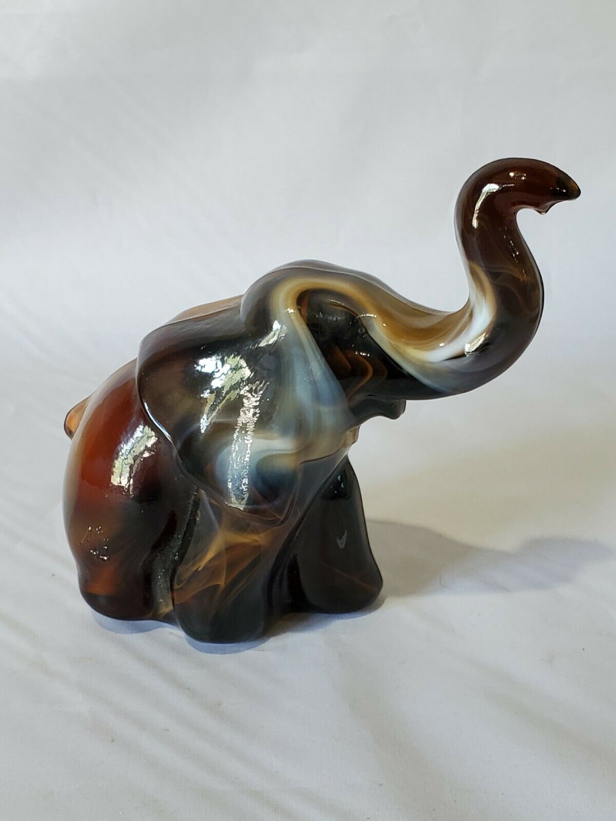 Vintage Imperial Brown White Slag Glass Elephant Calf Figurine 4.5" H Caramel