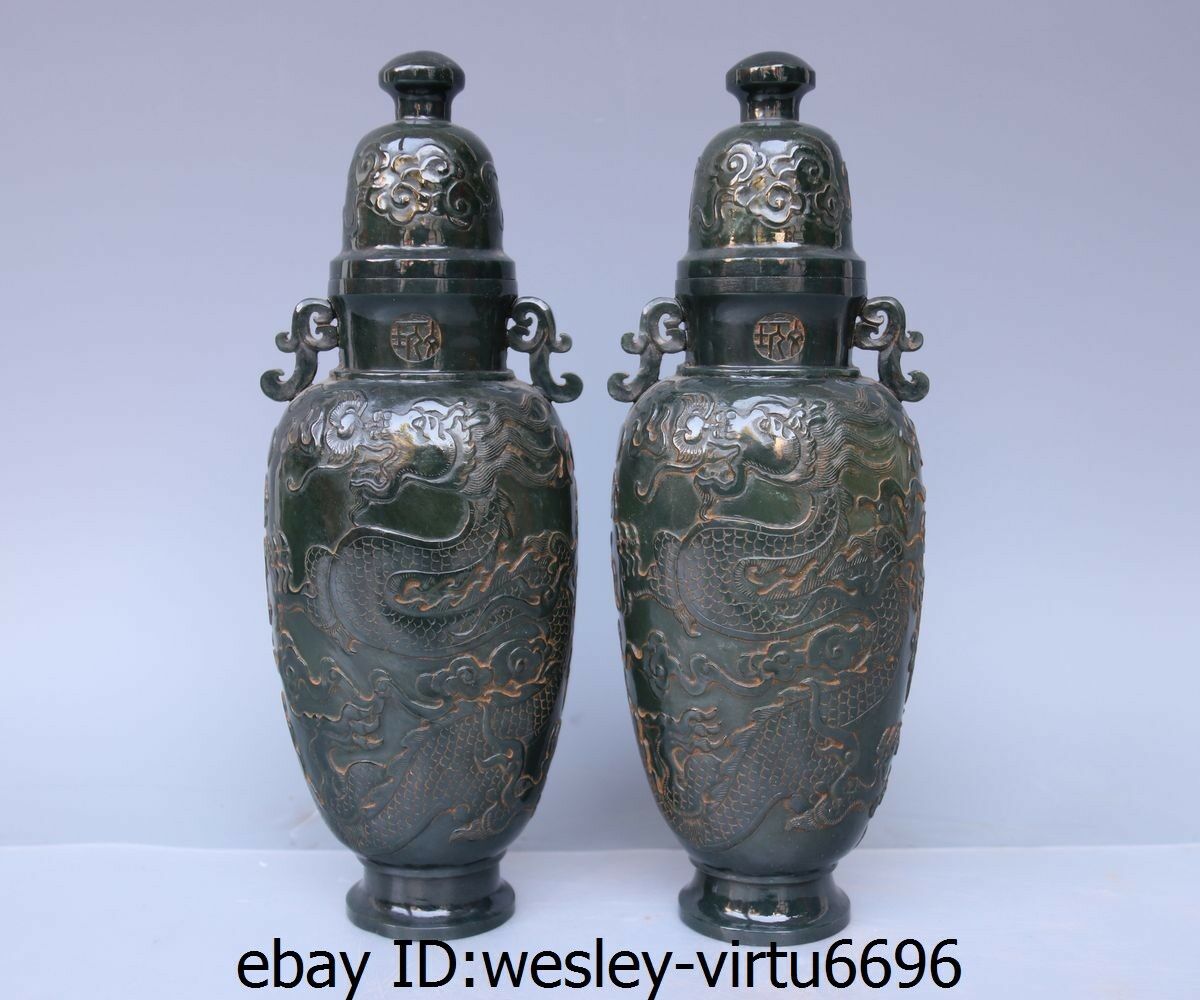 Old Chinese He Tian Green Jade Jasper Carved Two Dragon Vase Pot Bottle Pair Aa