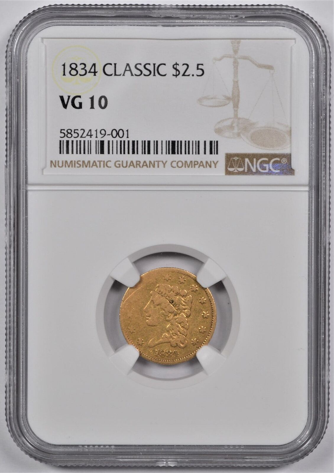1834 Classic Head Gold $2.50 Quarter Eagle Ngc Vg 10