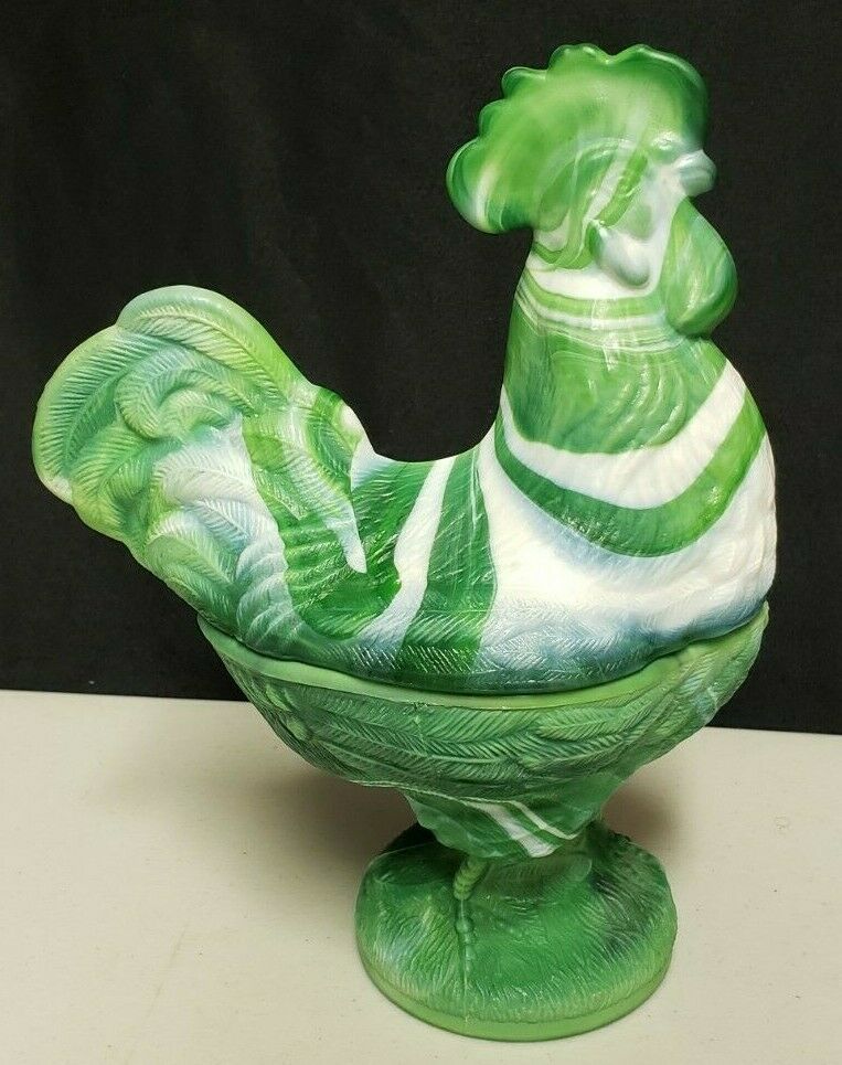 Green Slag Glass Large Rooster Covered Candy Dish