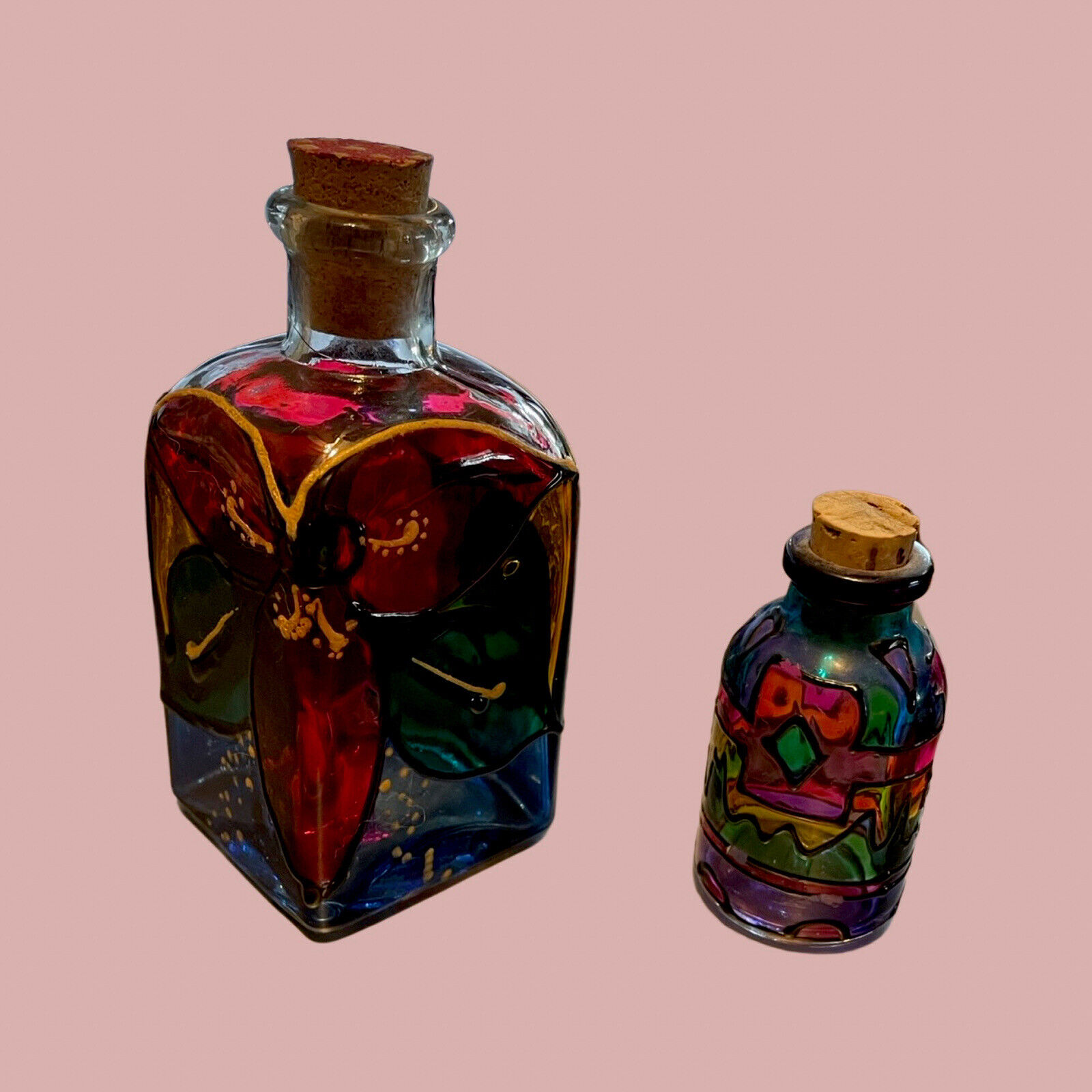 2 Vintage Stained Glass Bottles