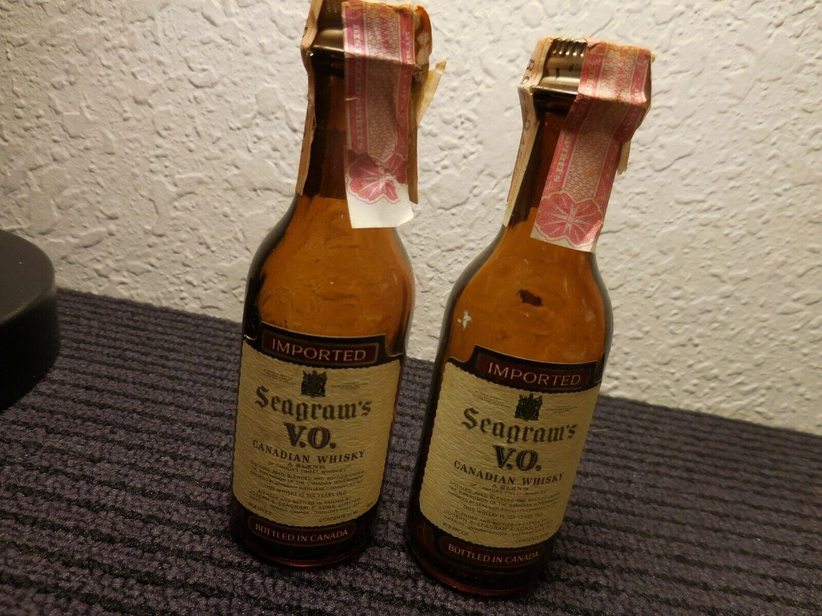 Two Seagram's Vo Whiskey Mini Bottles Empty/ Vintage / Tax Stamps  1973 + 1974