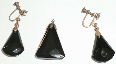 Antique Victorian Mourning Pendant & Earrings Jet Black Faceted Glass Brass 1