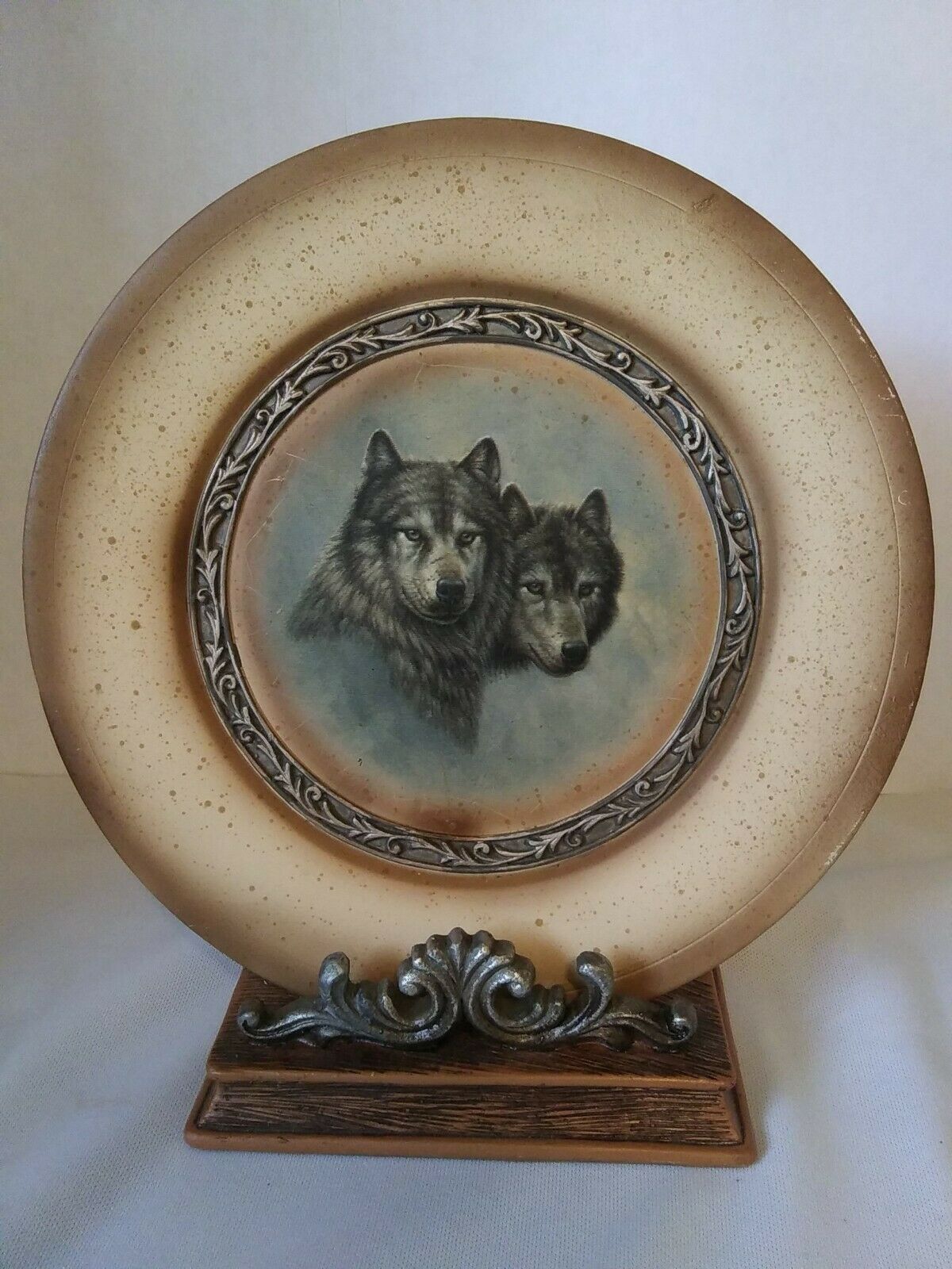 Vintage Wolf Cabinet Plate With Base Figurine  Decorative Wolf Mates