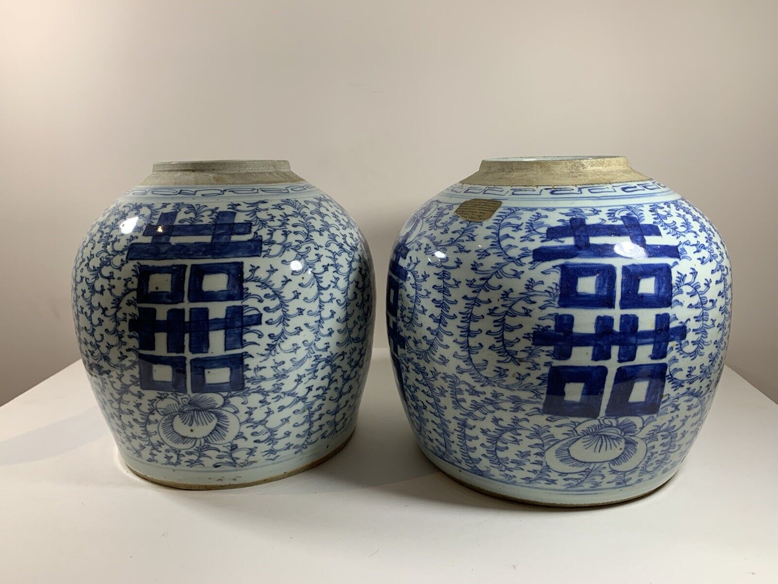 Two Large Blue And White “double Happiness” Ginger Jars, 19 C.