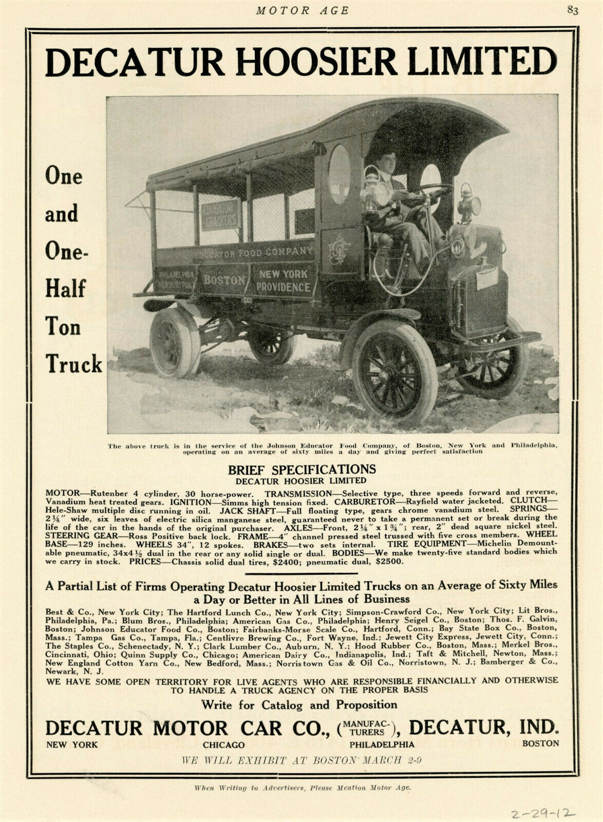 1912 Rare Orig Decatur Hoosier Limited Truck Ad. Nice Large Photo. Decatur In