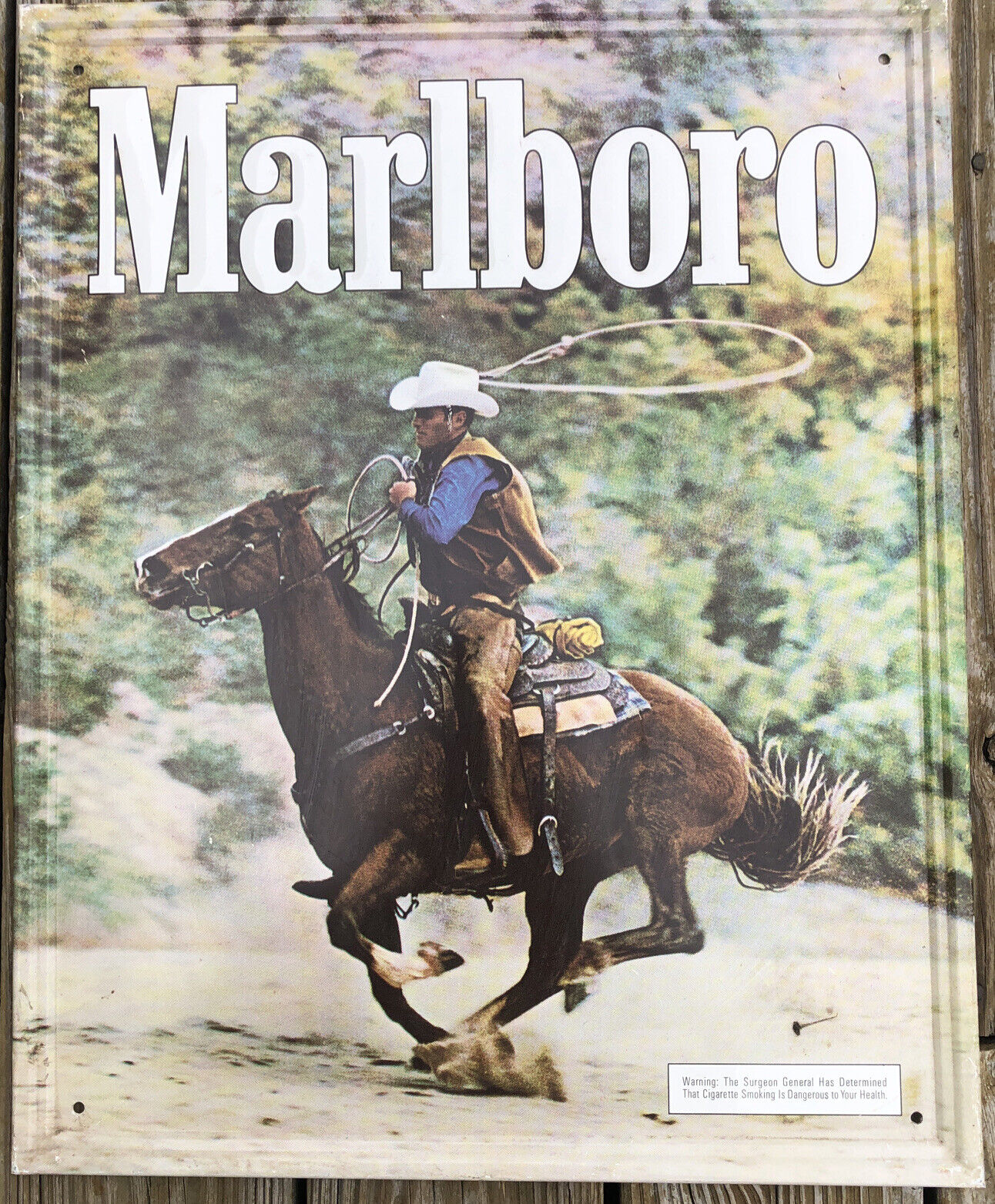 Vintage  Marlboro Man On Horse Roping Tin Sign Advertising 21 1/2"x17 1/2"x1/2"