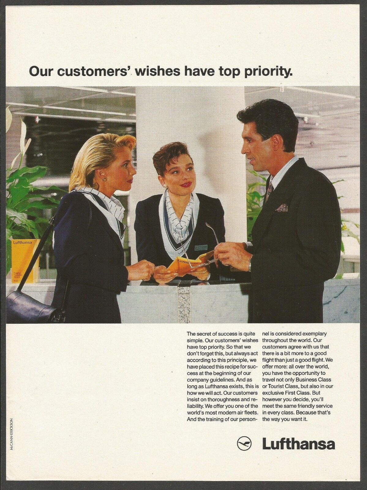 Lufthansa German Airlines -top Priority - 1989 Vintage Print Ad