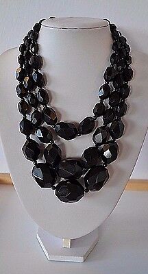 Enormous Antique Victorian Hand Carved Whitby Jet 3 Rows Mourning Necklace