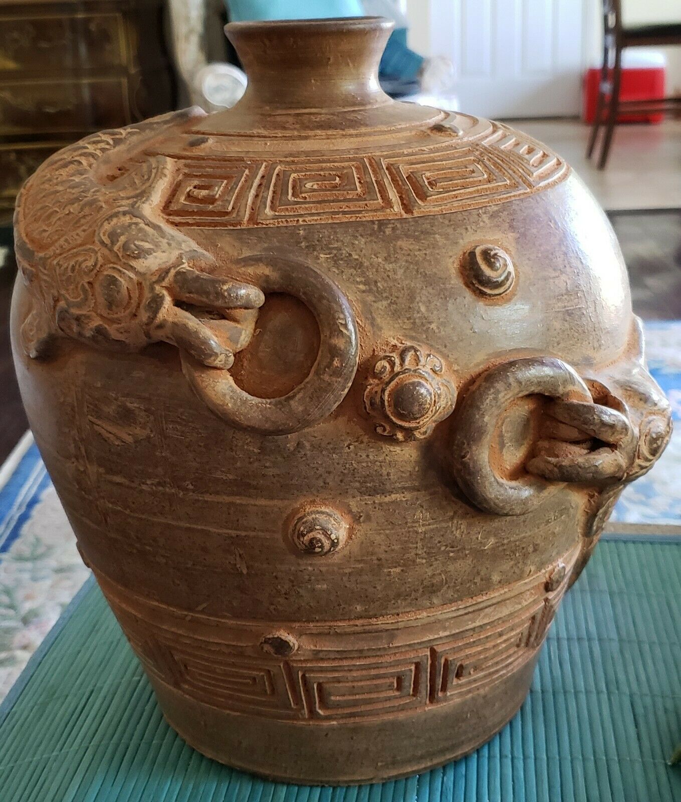 Old Antique Chinese Greek Key & Koi Lg Terracotta Jug Vessel Pot
