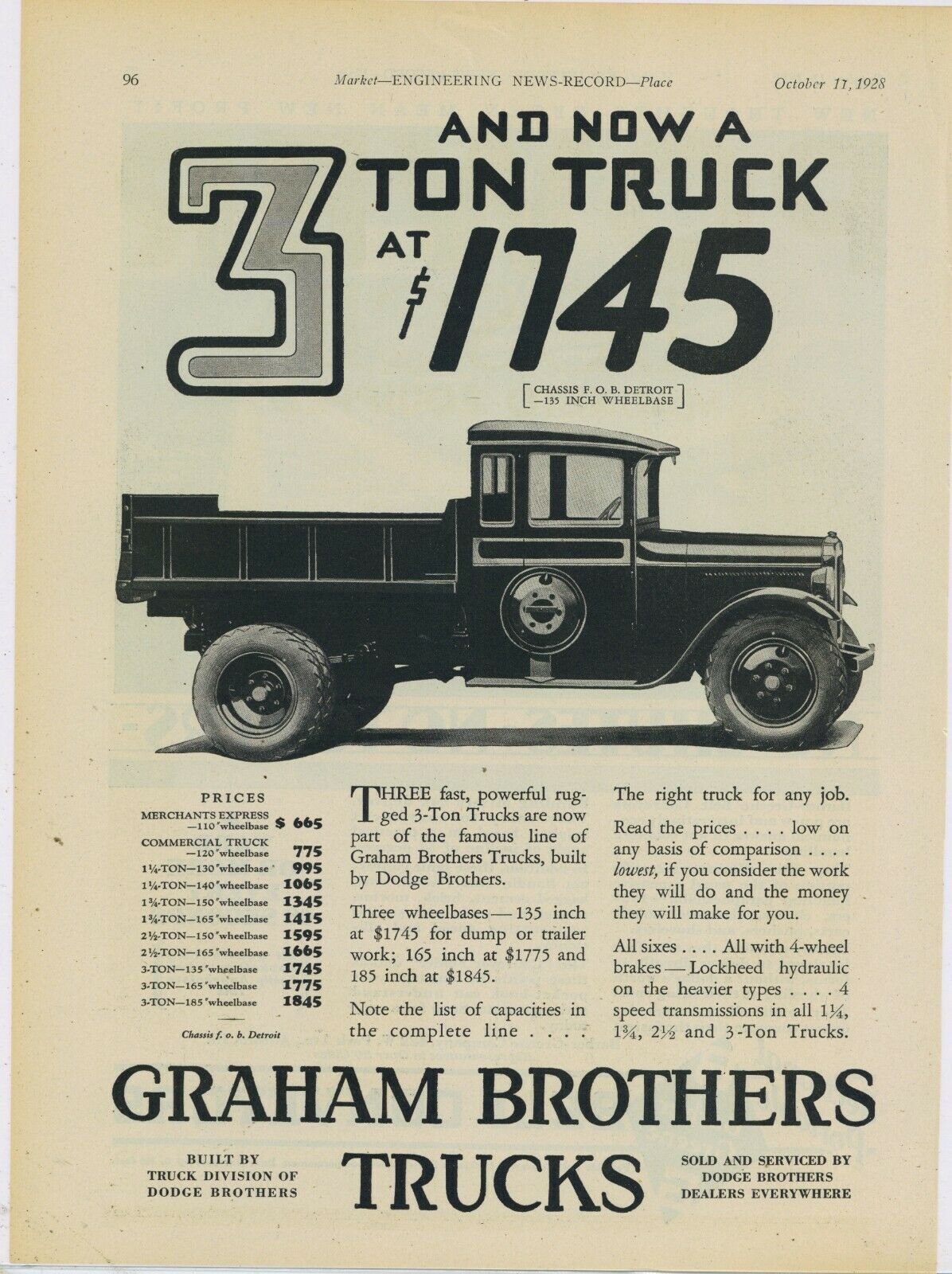 1928 Graham Brothers Trucks Ad: 3 Ton Model Pictured - Dodge Brothers Truck Line