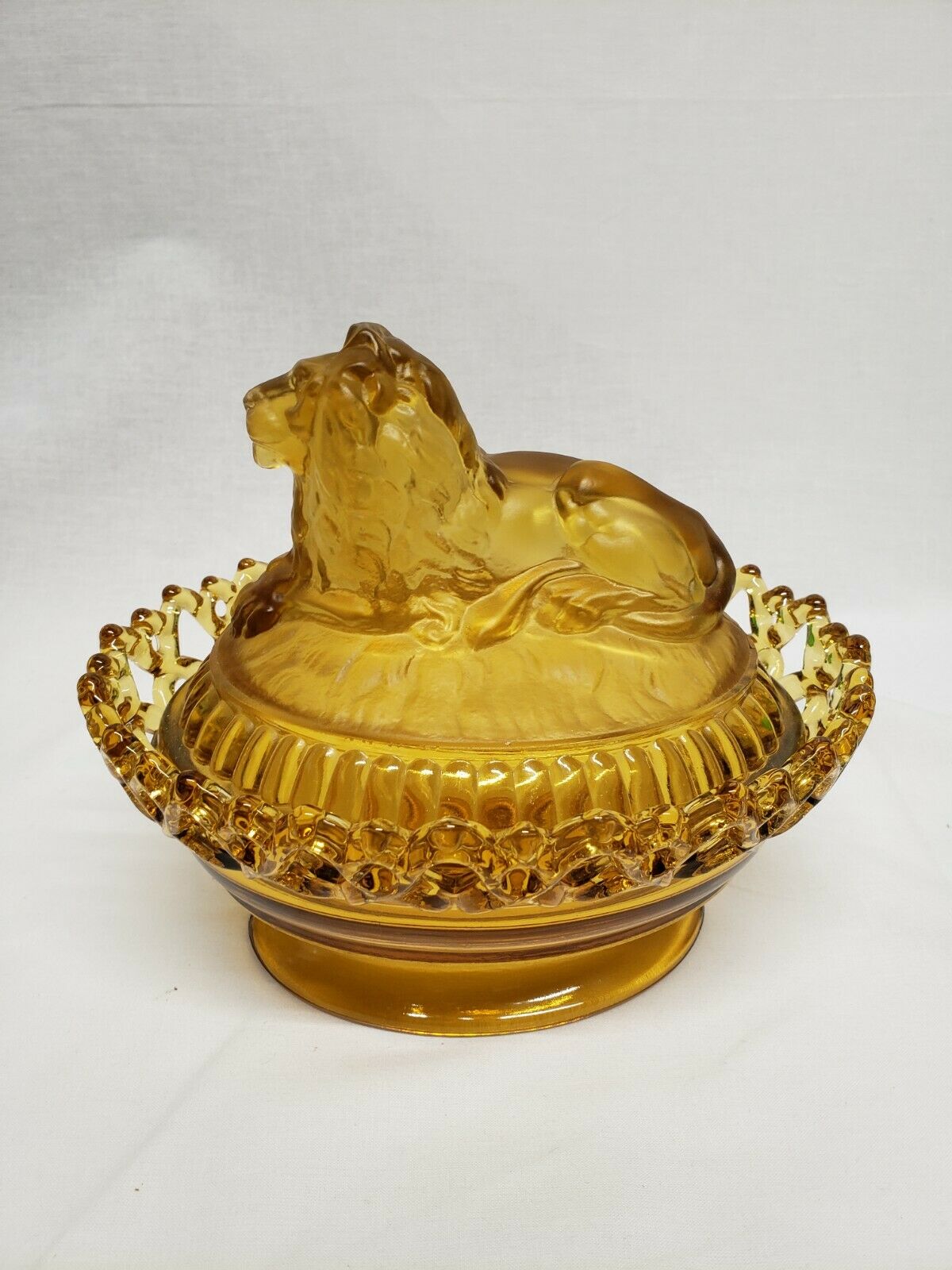 Amber Satin Imperial Glass Mid Century Lidded Candy Dish Atterbury Lion Vintage