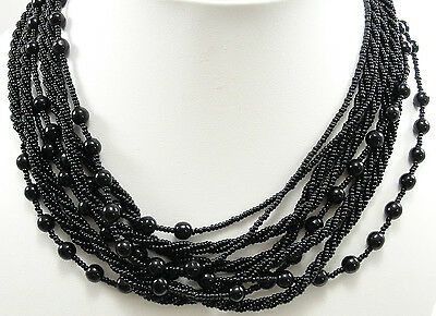 Vintage Black Bead Multi Strand Twisted Rope Length Mourning Necklace 36"