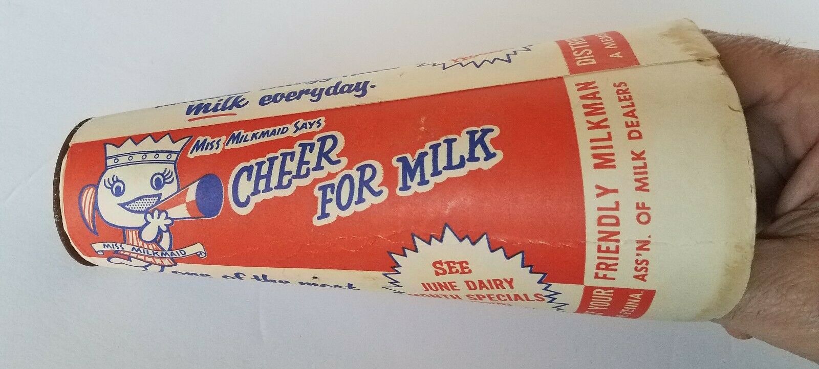 Vintage Paper Cone Megaphone Miss Milkmaid -  Cheer For Milk  Milk Adv 1950s Pa.