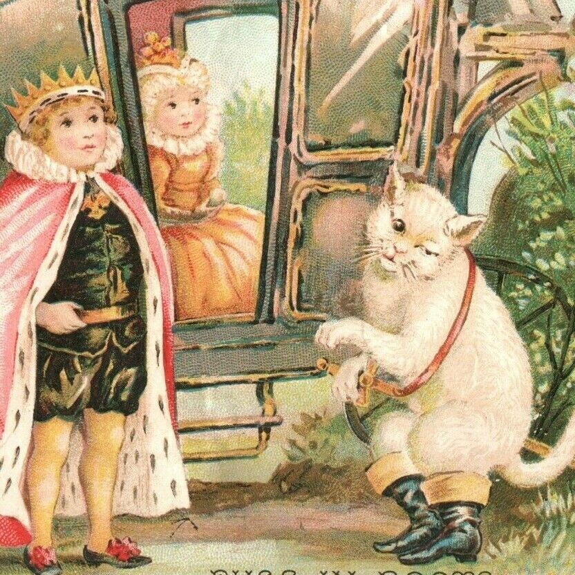 Woolson Spice Lion Coffee Victorian Trade Card Puss In Boots Fairy Tale King