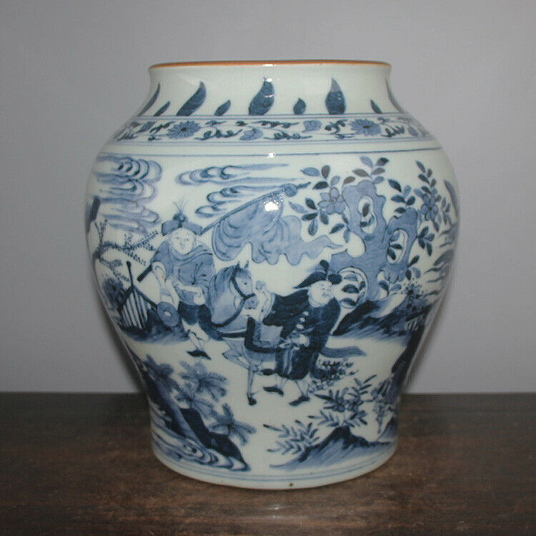 10.6" Chinese Antique Dynasty Porcelain Blue White Will War Horse Flower Jar Pot