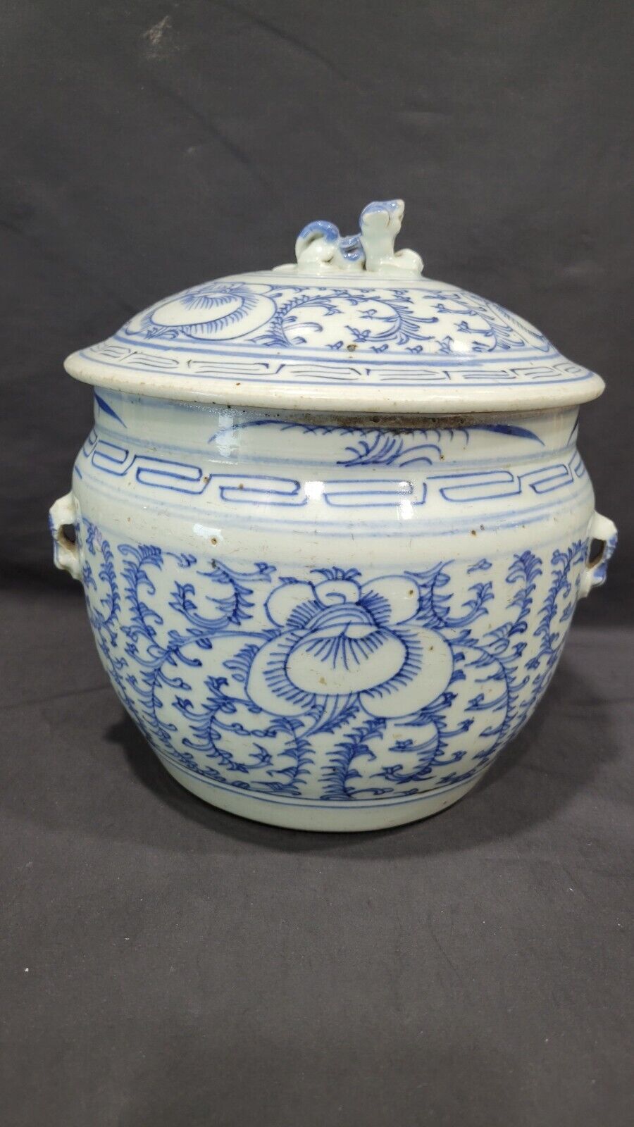 Antique 19th Century Chinese Blue & White Porcelain Ginger Jar, Foo Dog