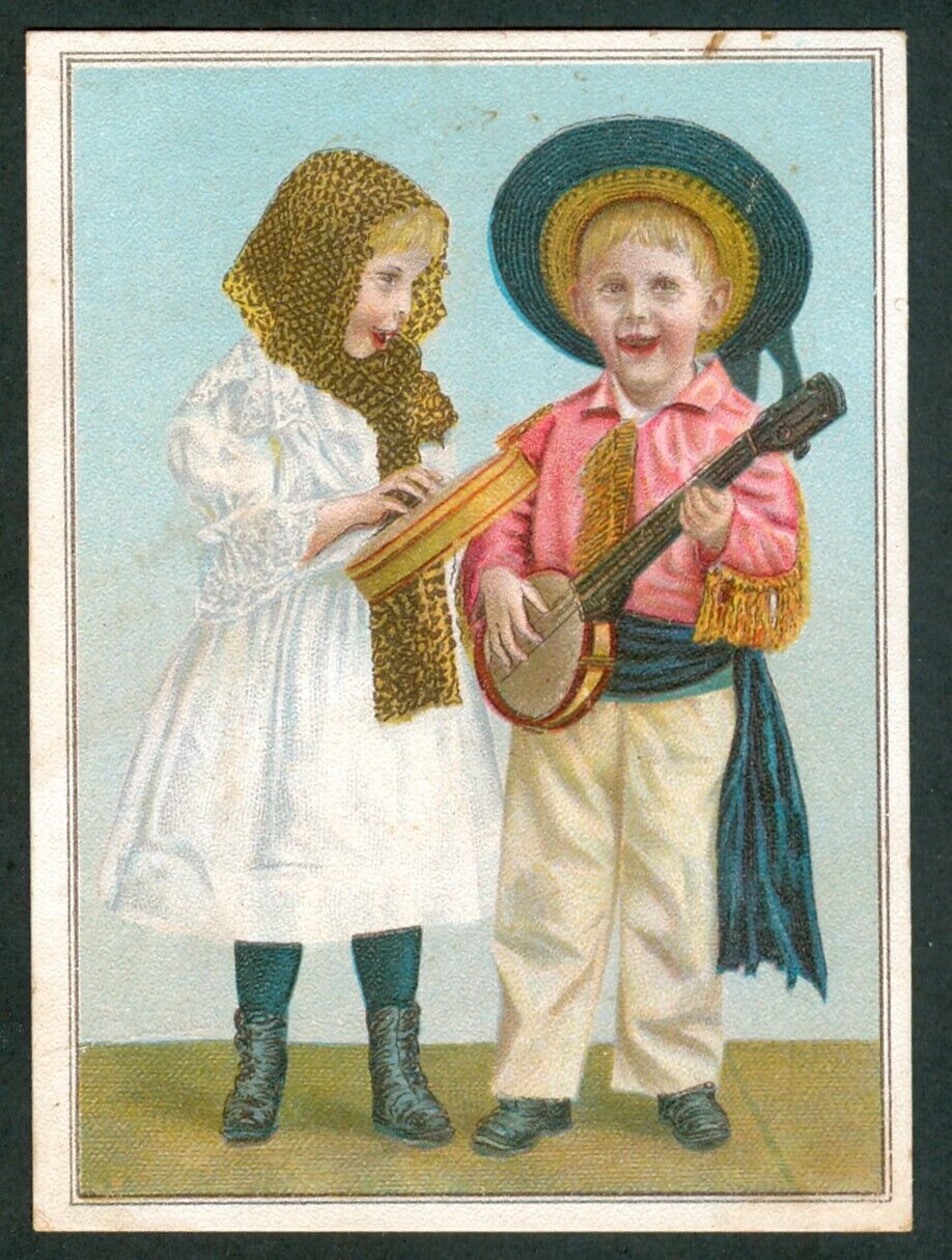 1890s Yankee Boy & Girl Travelling  Lion Coffee  Card Spanish Costume Banjo