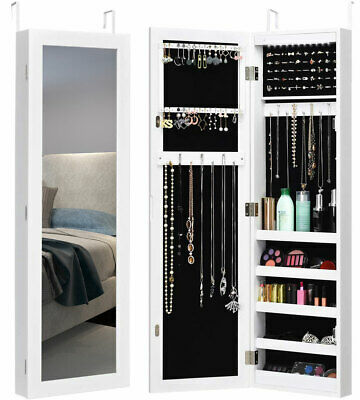 Jewelry Cabinet Mirrored Organizer Storage Wall & Door Mounted W/led Light White