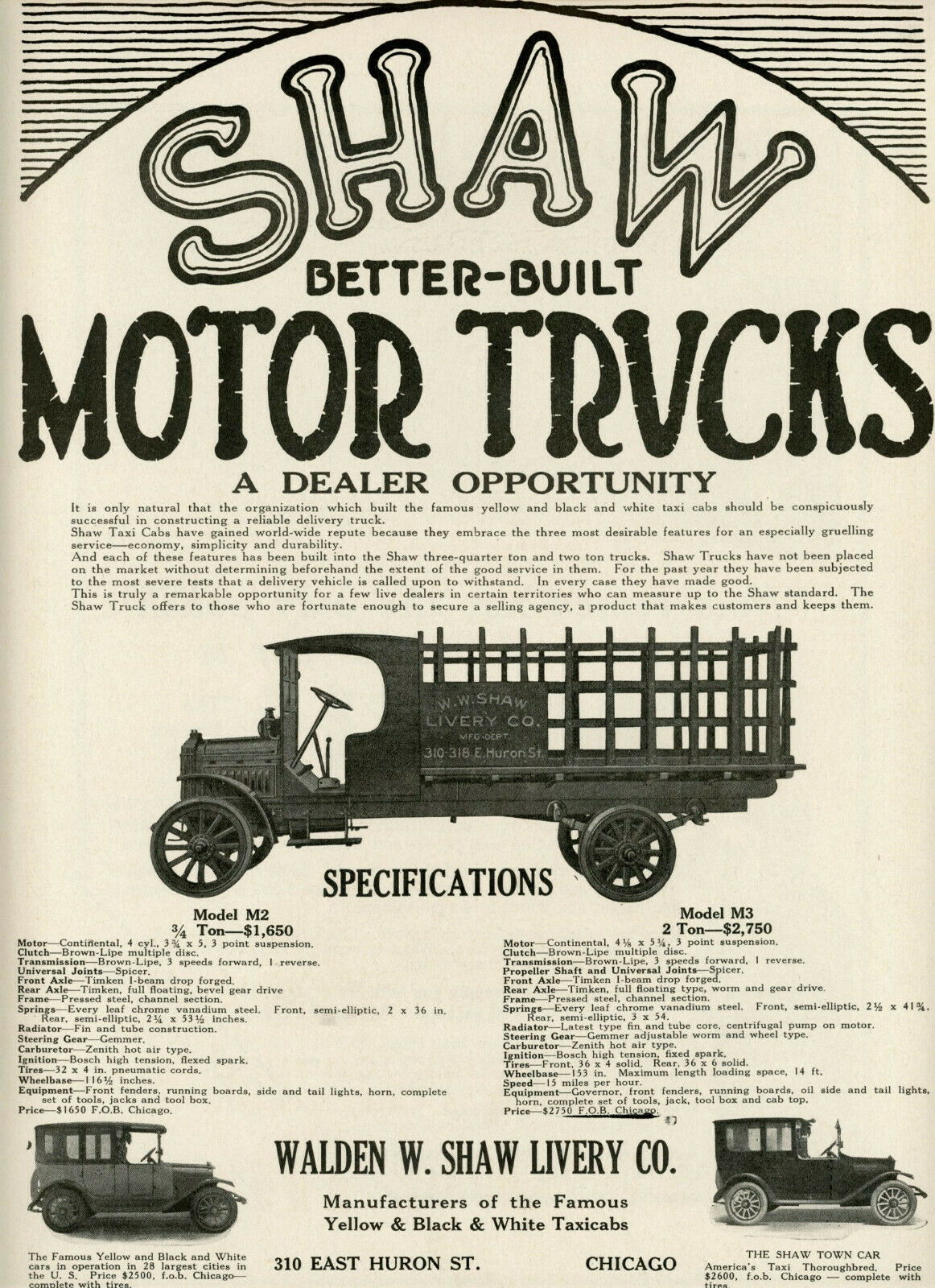 1919 Very Rare Shaw Truck Ad. Prototype. 0 Sold. Hertz .yellow Cab. Shaw Livery