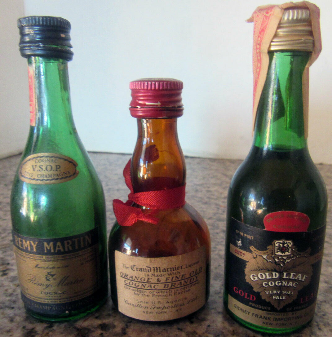 Lot Of 3 Mini Cognac Glass Bottles Empty  Grand Marnier, Gold Leaf, Remy Martin