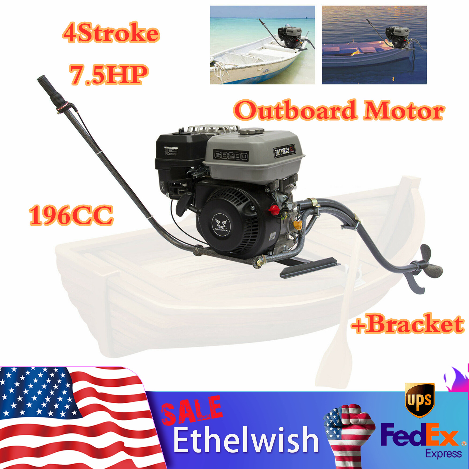 7.5hp 4 Stroke Outboard Motor 196cc Gasoline Fishing Boat Engine Sngle-cylinder