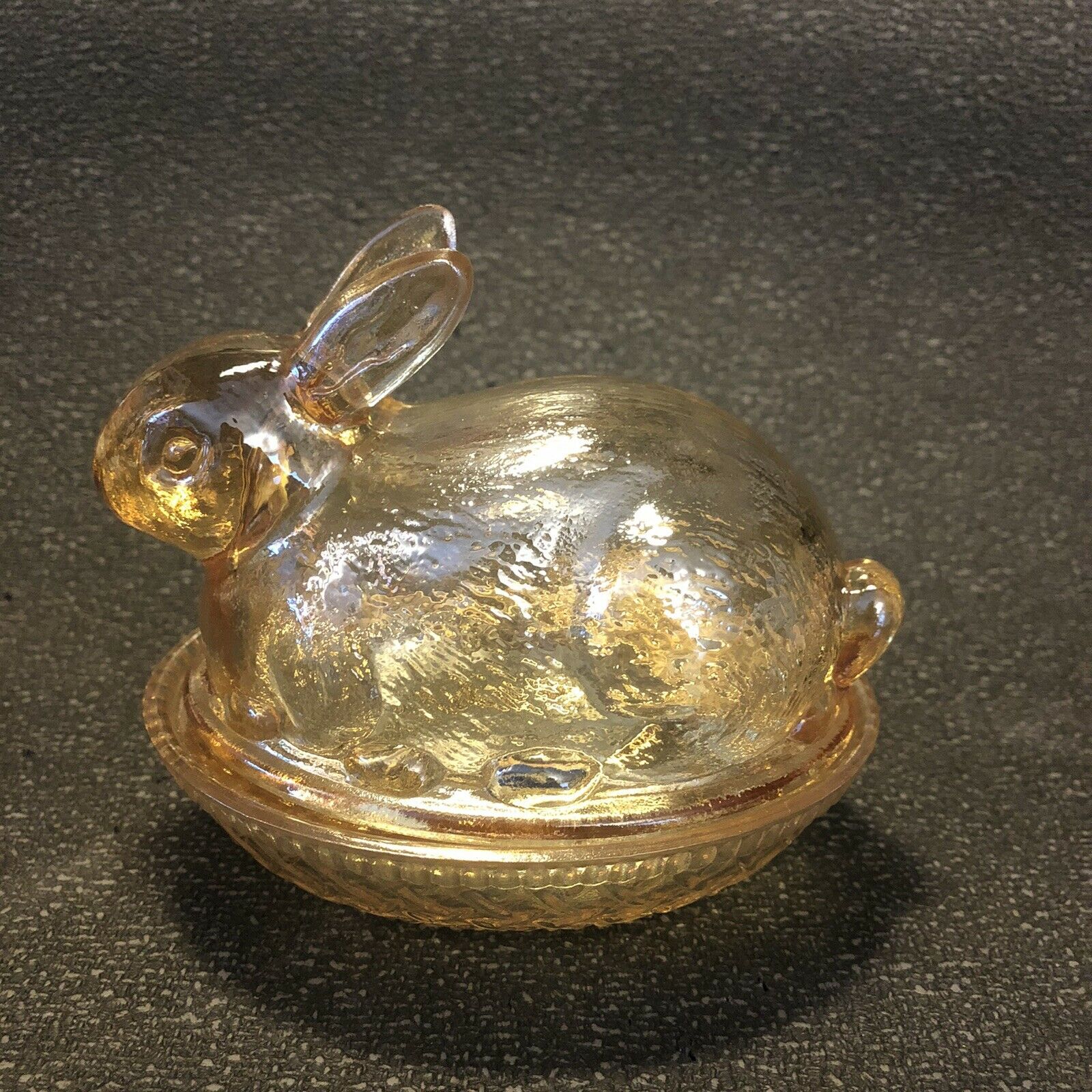 Imperial Glass Lenox Iridescent Covered Candy Dish Rabbit Nest Marigold Carnival
