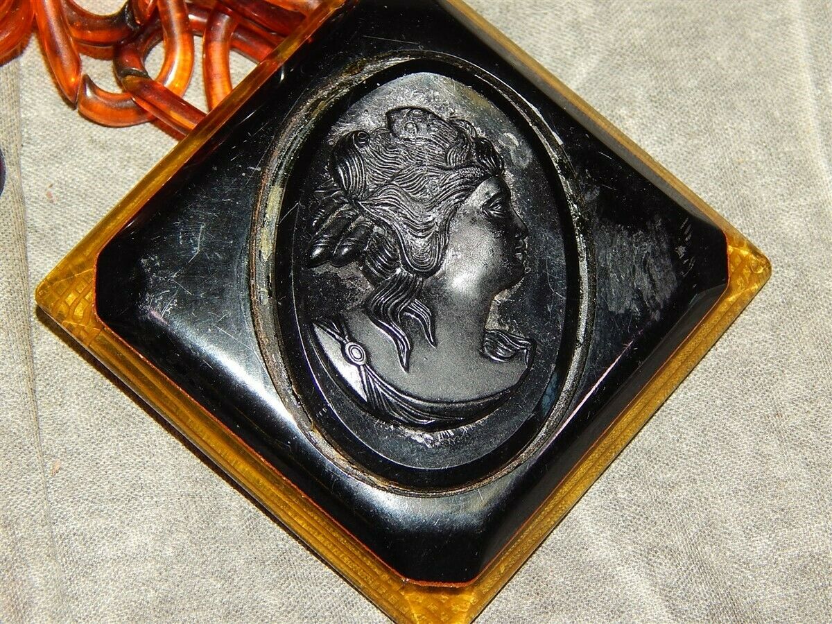 Bakelite 2 Color Mourning Pendant Cameo (409 Tested) Celluloid Chain Necklace