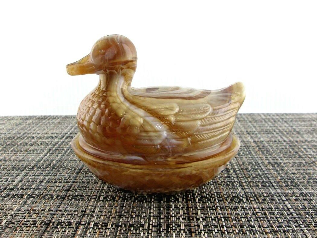 Vintage 1970s Imperial Caramel Slag Glass Duck On Nest (new Old Stock)