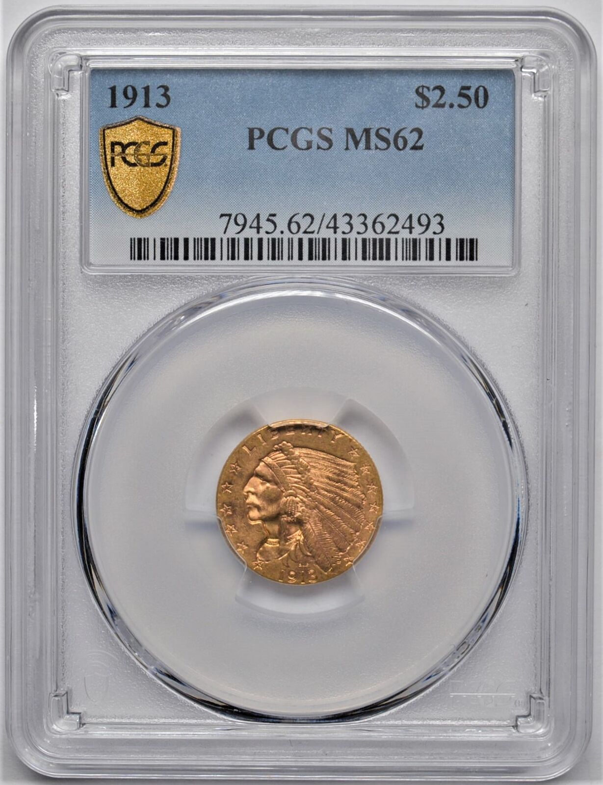 1913 Indian Head Gold Quarter Eagle $2.50 Pcgs Ms 62