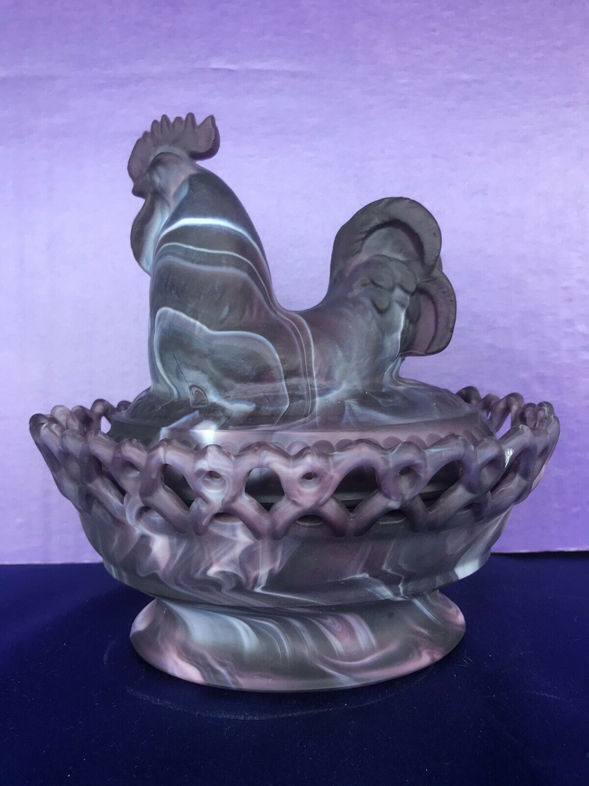 Imperial Dark Purple Slag Glass Large Rooster On Nest About 8” Tall