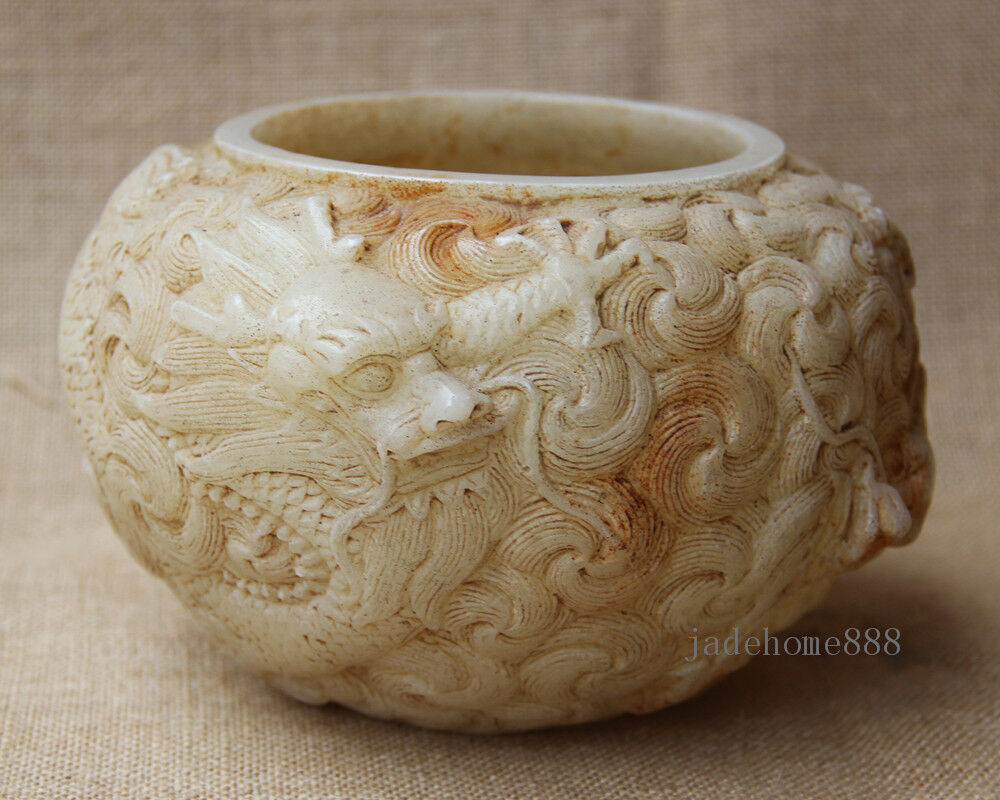 5" Old White Jade Hand Carved Double Dragon Wash Brush Pot Jar