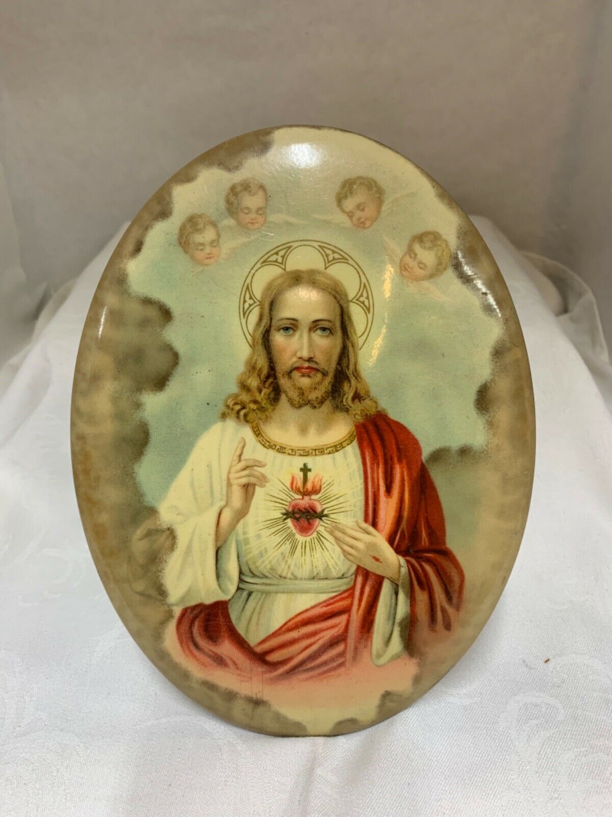Vintage Oval Religious Jesus Picture Tin Or Metal With Stand Gc