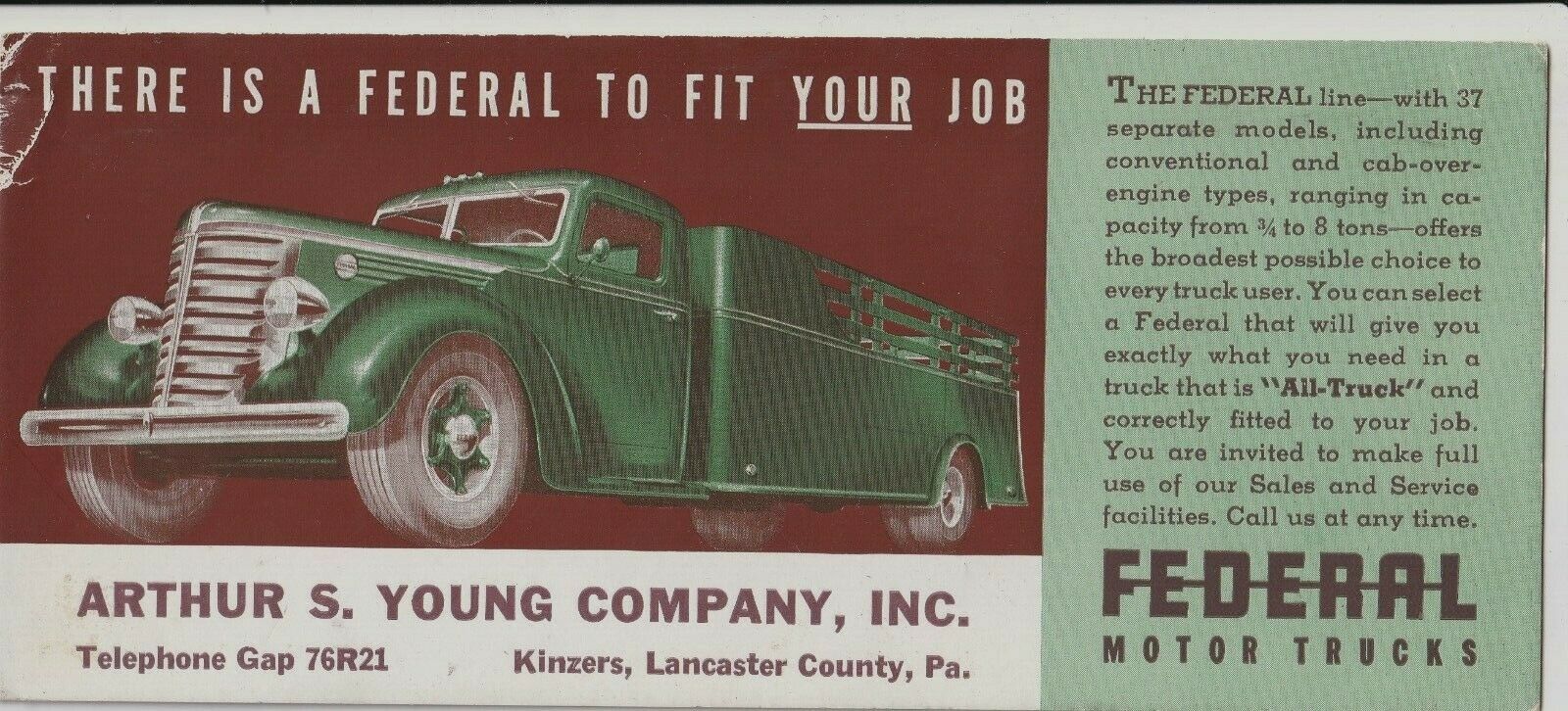 Federal Motor Trucks 1930s Arthur S Young Co,kinzers,lancaster County,pa Blotter