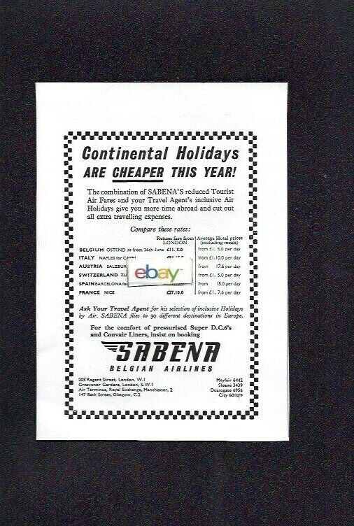 Sabena Belgian World Airways 1953 Dc-6 To A Continental Holidays Are Cheaper Ad