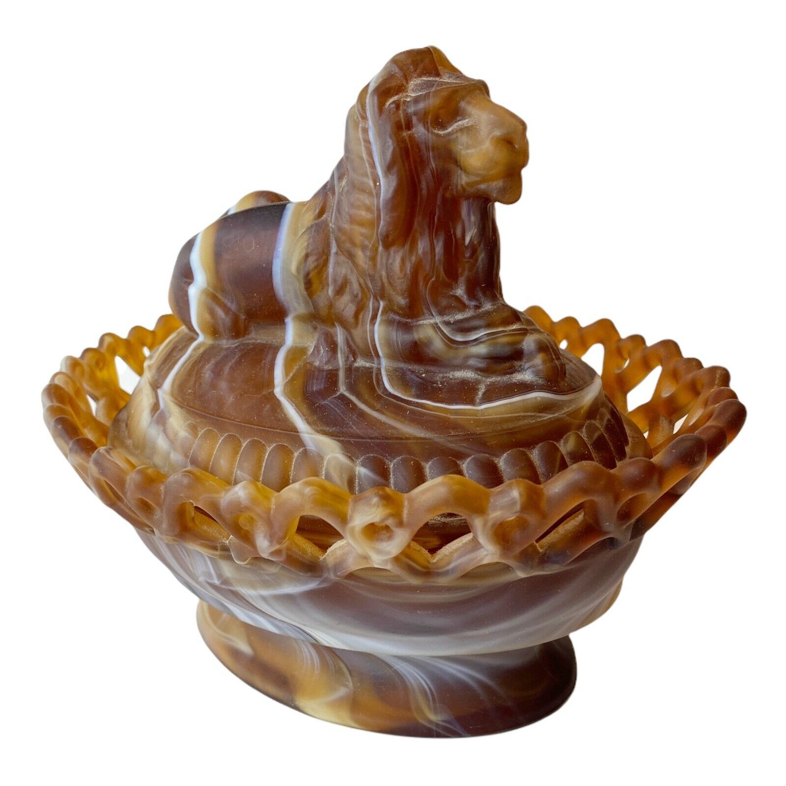 Caramel Slag Imperial Glass Lion Covered Candy Doeskin Dish Vintage