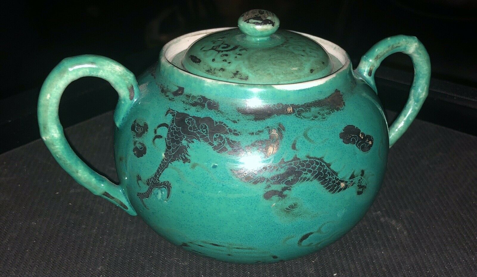 Antique Chinese Green Silver Dragon Porcelain Ceramic Sugar