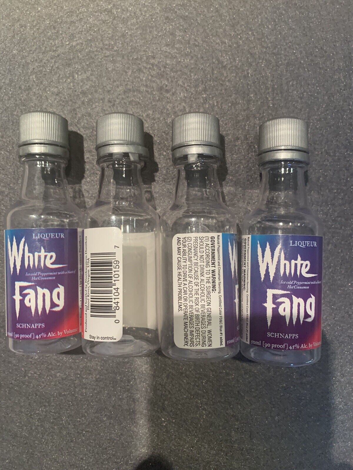 Four (4) Vintage 50ml White Fang Schnapps Liqueur Bottles, Empty