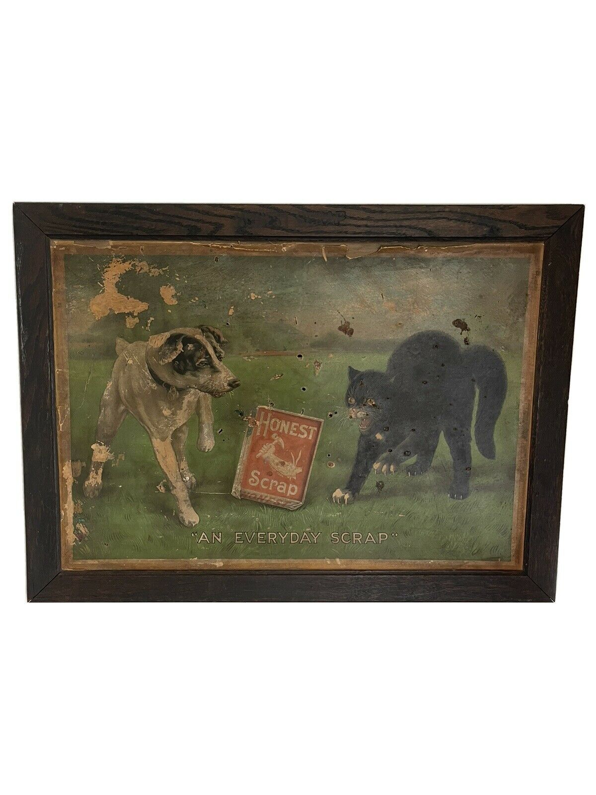 Original Early Honest Scrap Tobacco Sign Ad With Embossed Frame Antique Cat Dog