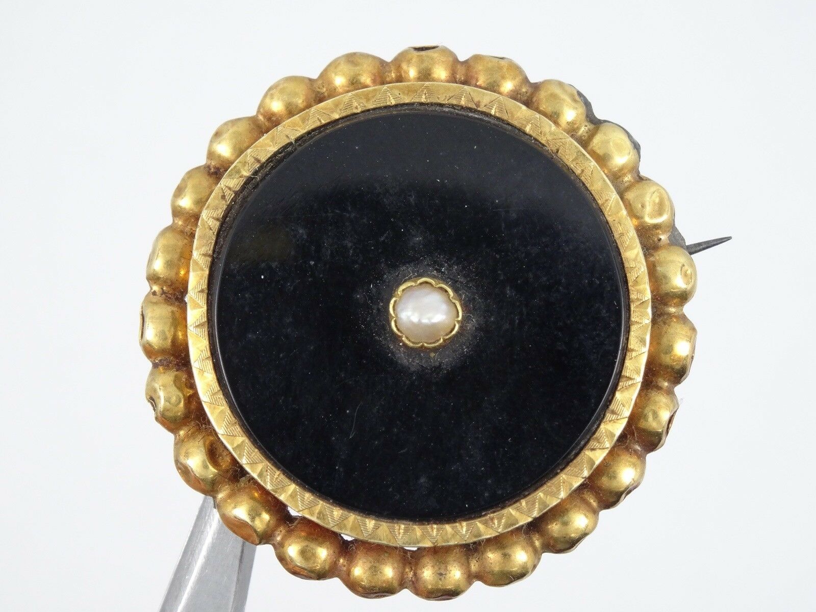 Vtg Victorian Mourning Seed Pearl And Onyx Brooch ~ 1.25"
