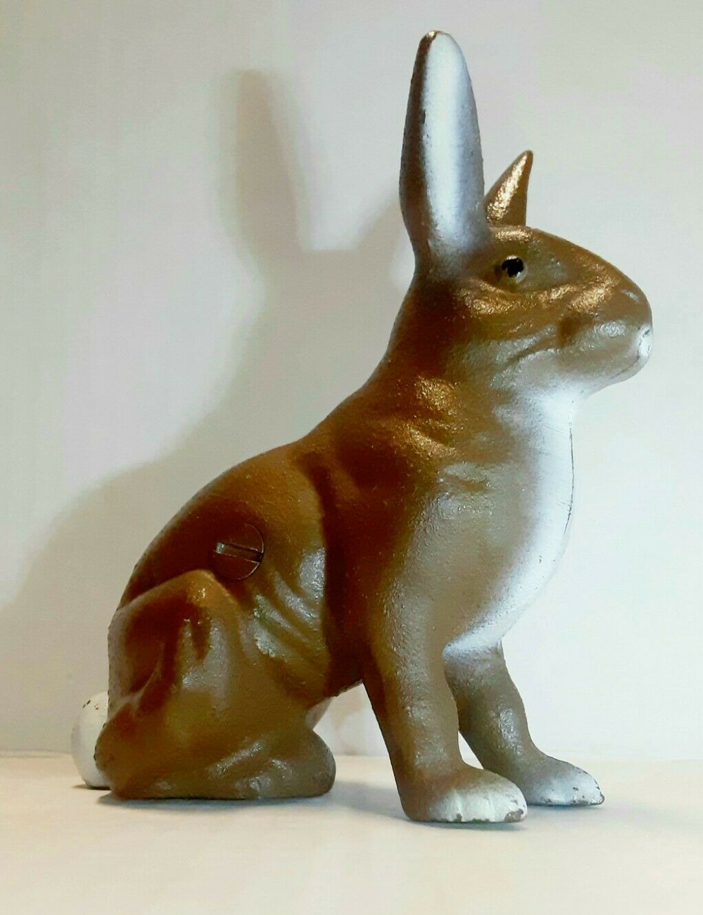 Vintage Cast Iron Brown White Rabbit Bunny Slotted Coin Bank Collectible