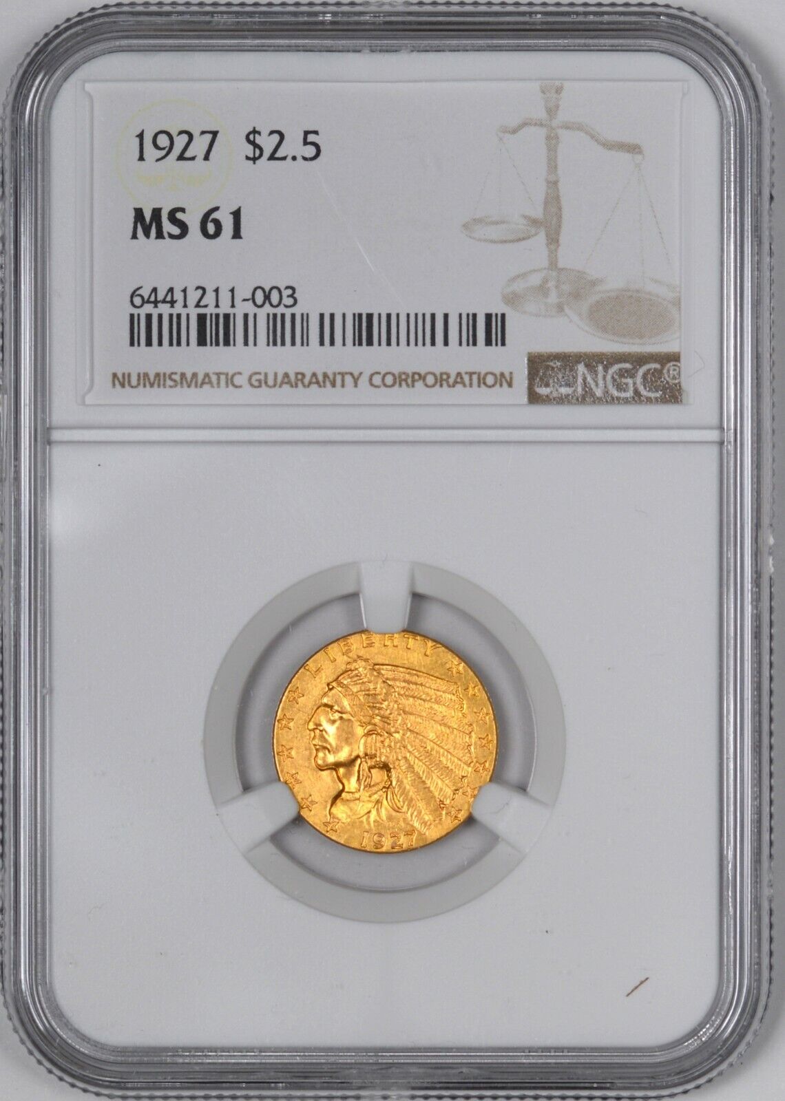 1927 Indian Gold Quarter Eagle $2.50 - Ngc Ms61 -