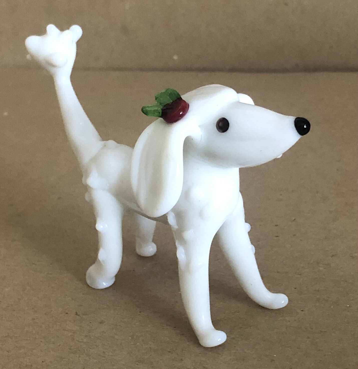 Vintage Milk Glass Dog Figurine Poodle With Hair Bow 4” Blown Art Glass