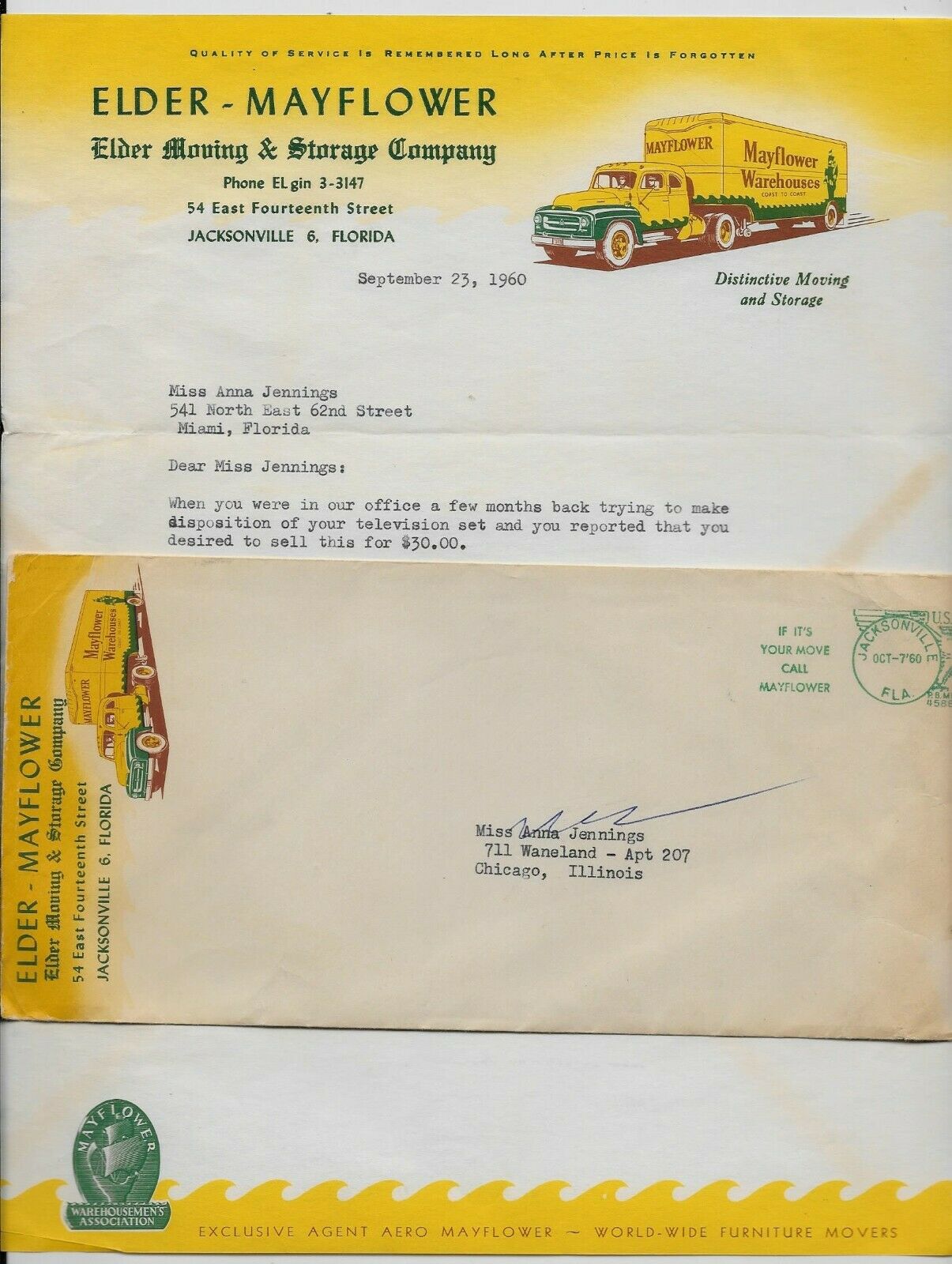 1960 Jacksonville,florida Elder Mayflower Moving & Storage Illus. Letterhead W50