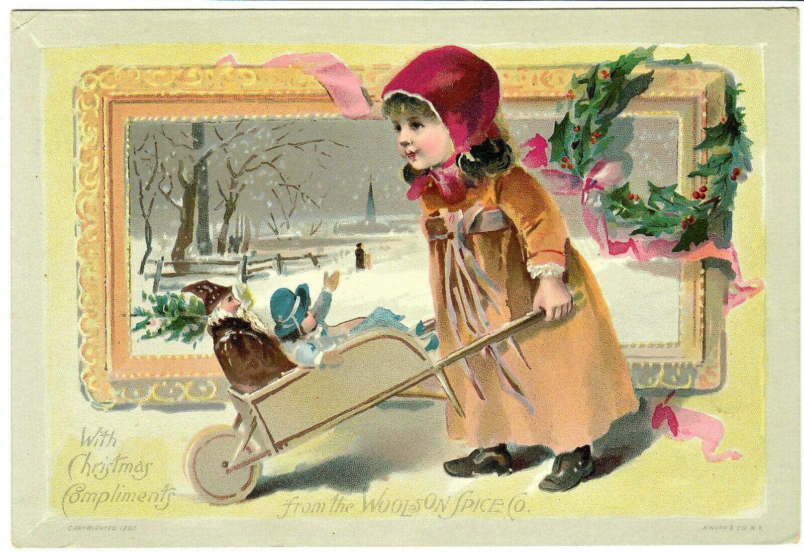 1880 "woolson Spice" Large Christmas Trade Card Girl Pushing Wheelbarrow W Dolls