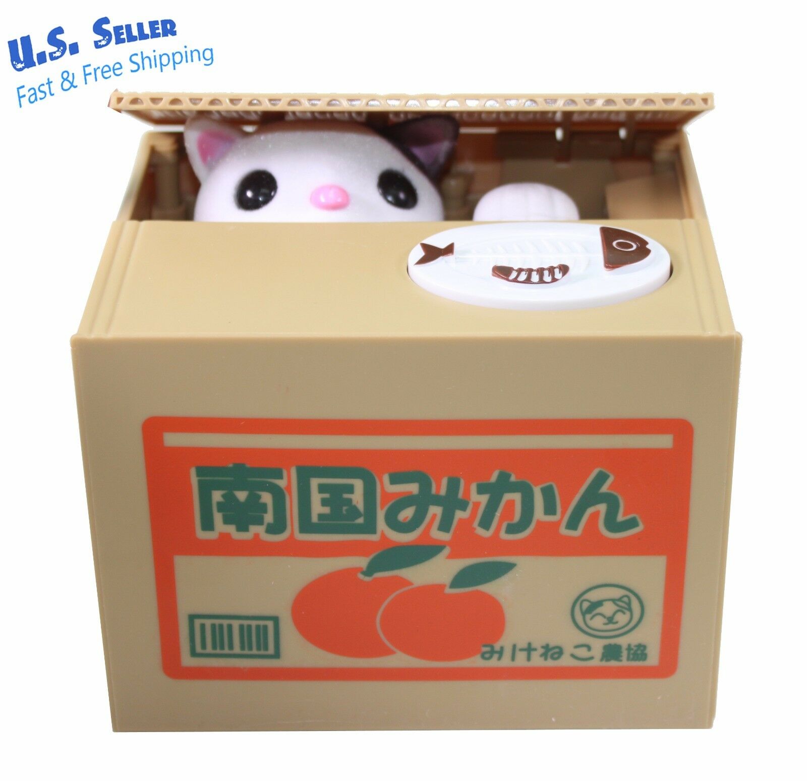 Funny Cat Stealing Coin In Orange Box Kitty Piggy Bank Home Decor Gift Us Seller