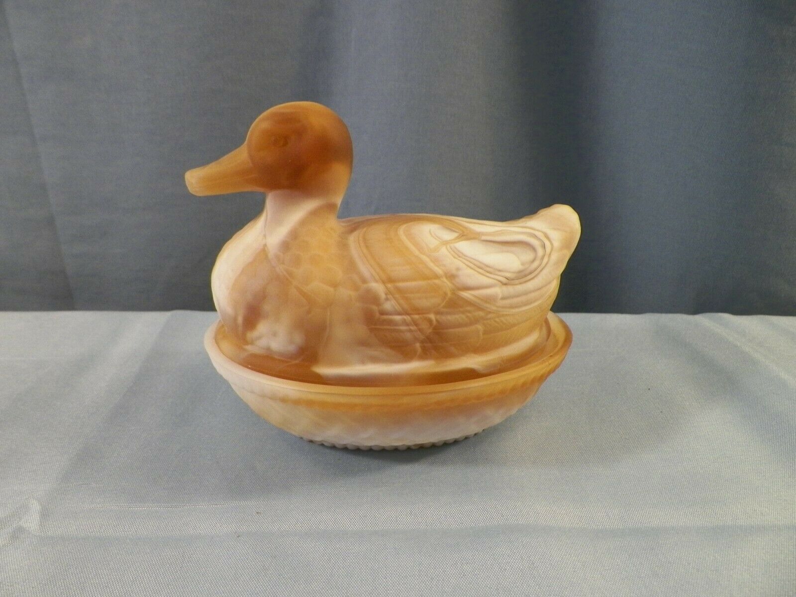 Imperial Satin Caramel Slag Glass Duck On The Nest Covered Candy Trinket Dish